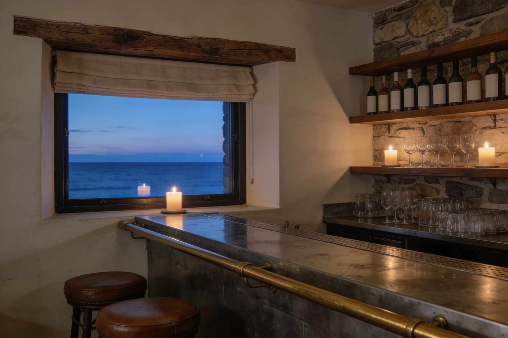 A tiny bar in the evening, a zinc counter and brass rail, glasses and bottles on oak shelves, candles and the last blue light over the sea