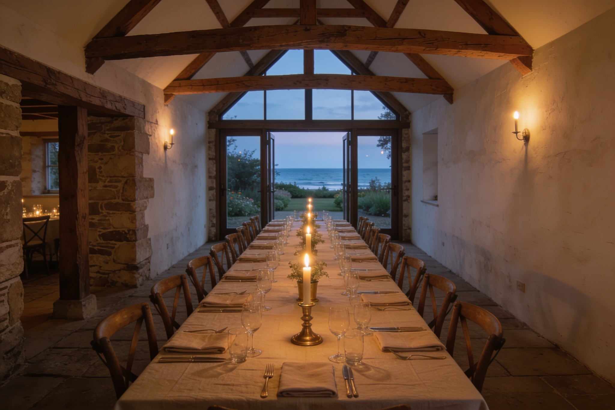 An old stone barn with oak trusses, long tables set with linen and candles, glass doors at the end open to the garden and the sea