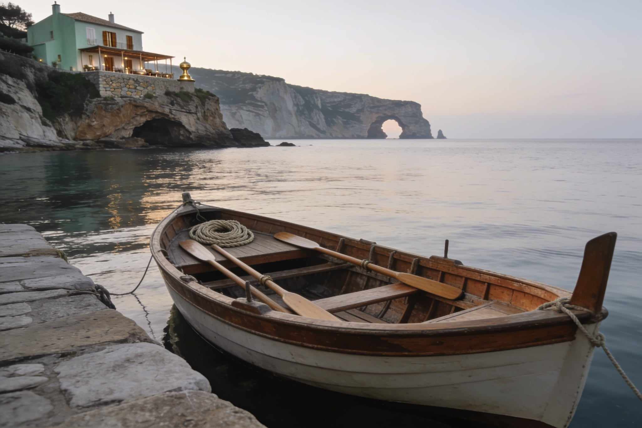 A small wooden boat with oars moored at a stone quay in early morning light, cliffs and sea caves across calm water