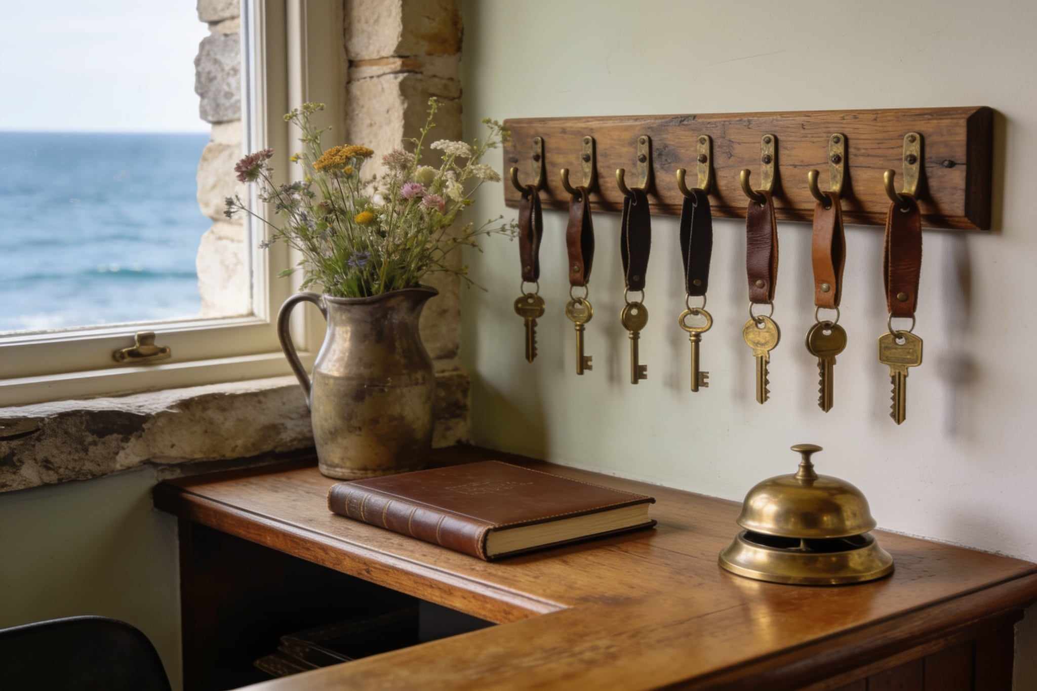 An oak desk with a brass bell and a guest book, old brass room keys on leather fobs hanging on the wall, the sea through the window