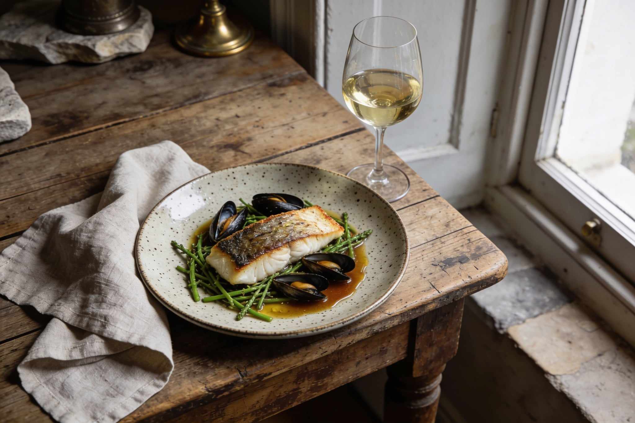 Roasted hake with mussels and samphire in brown butter on a speckled stoneware plate, a glass of white wine beside it