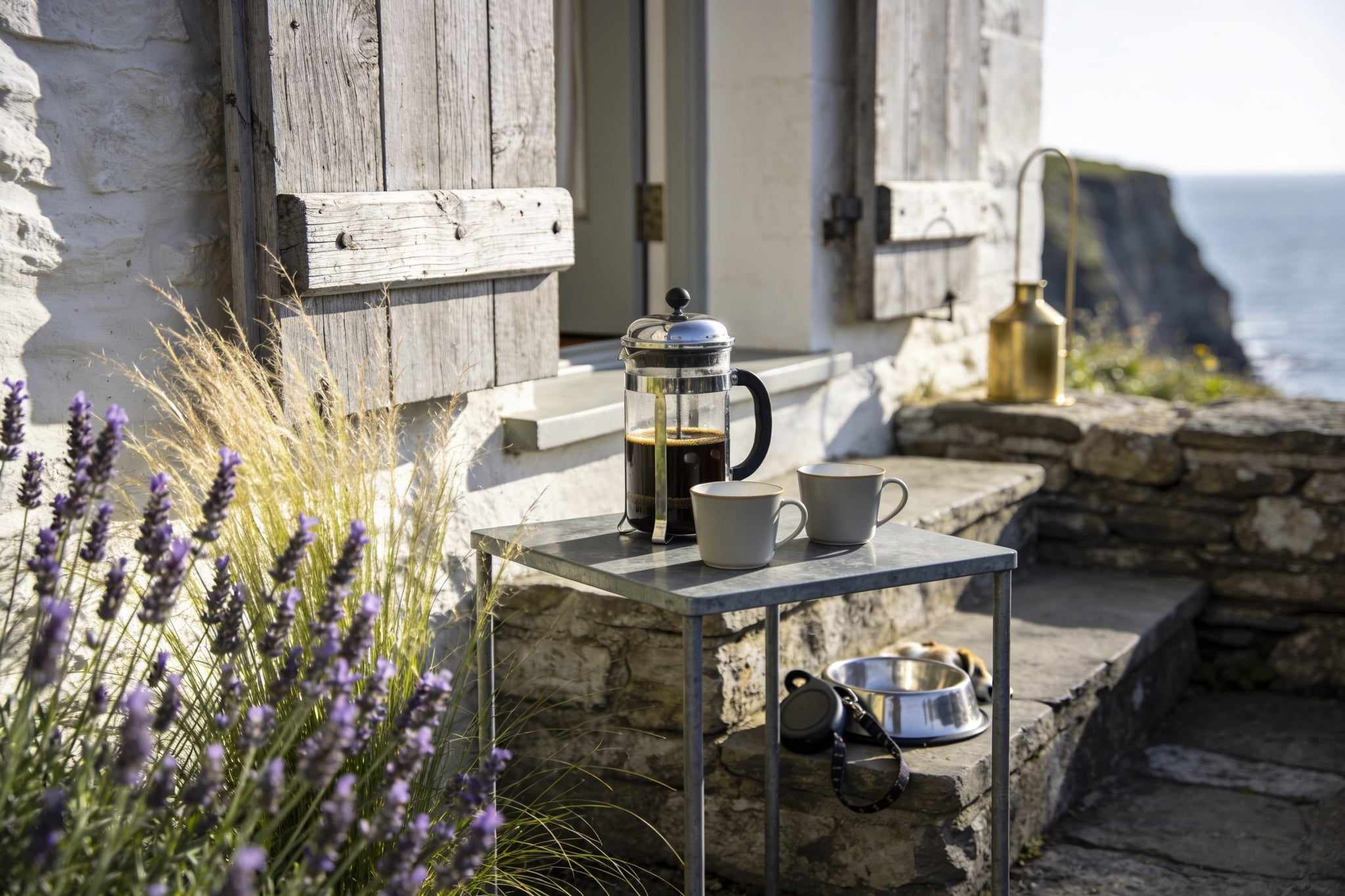A french press and two cups on a small zinc table on a stone terrace, lavender in morning sun