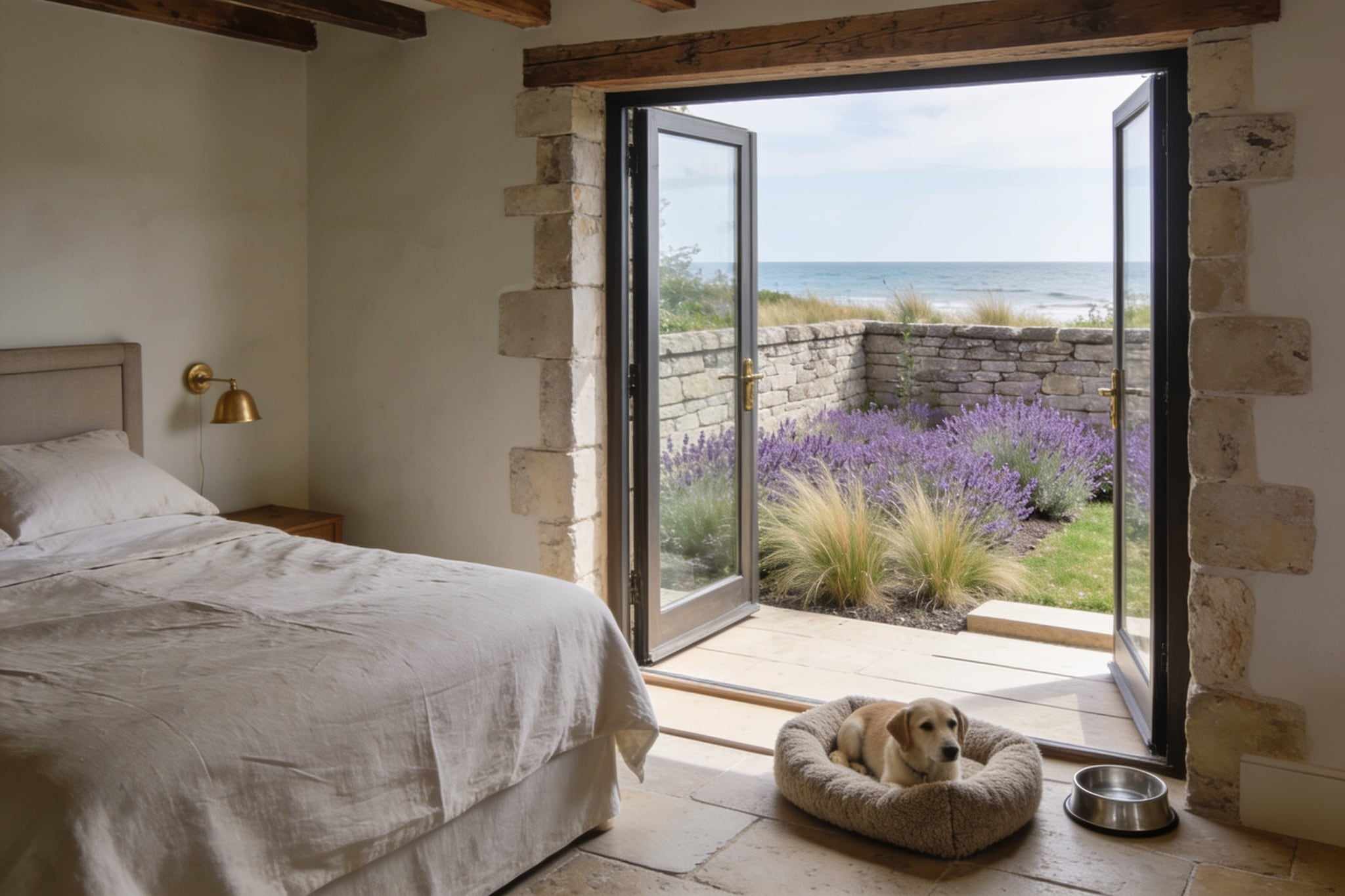 A ground-floor bedroom with glass doors open onto a walled garden of lavender and grasses, a dog bed and water bowl by the door