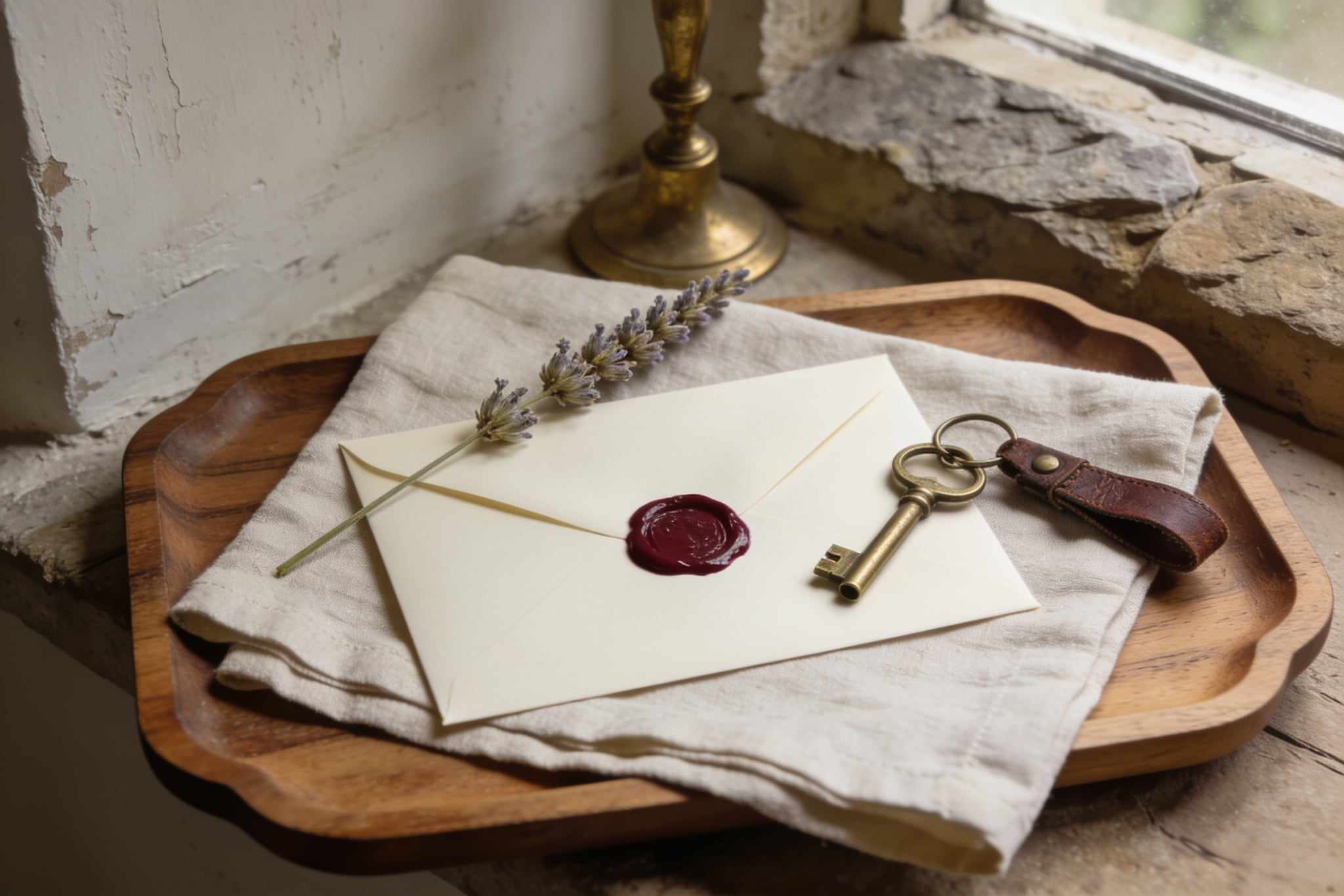 A cream envelope sealed with dark red wax, an old brass room key with a leather fob and a sprig of sea lavender on a linen napkin