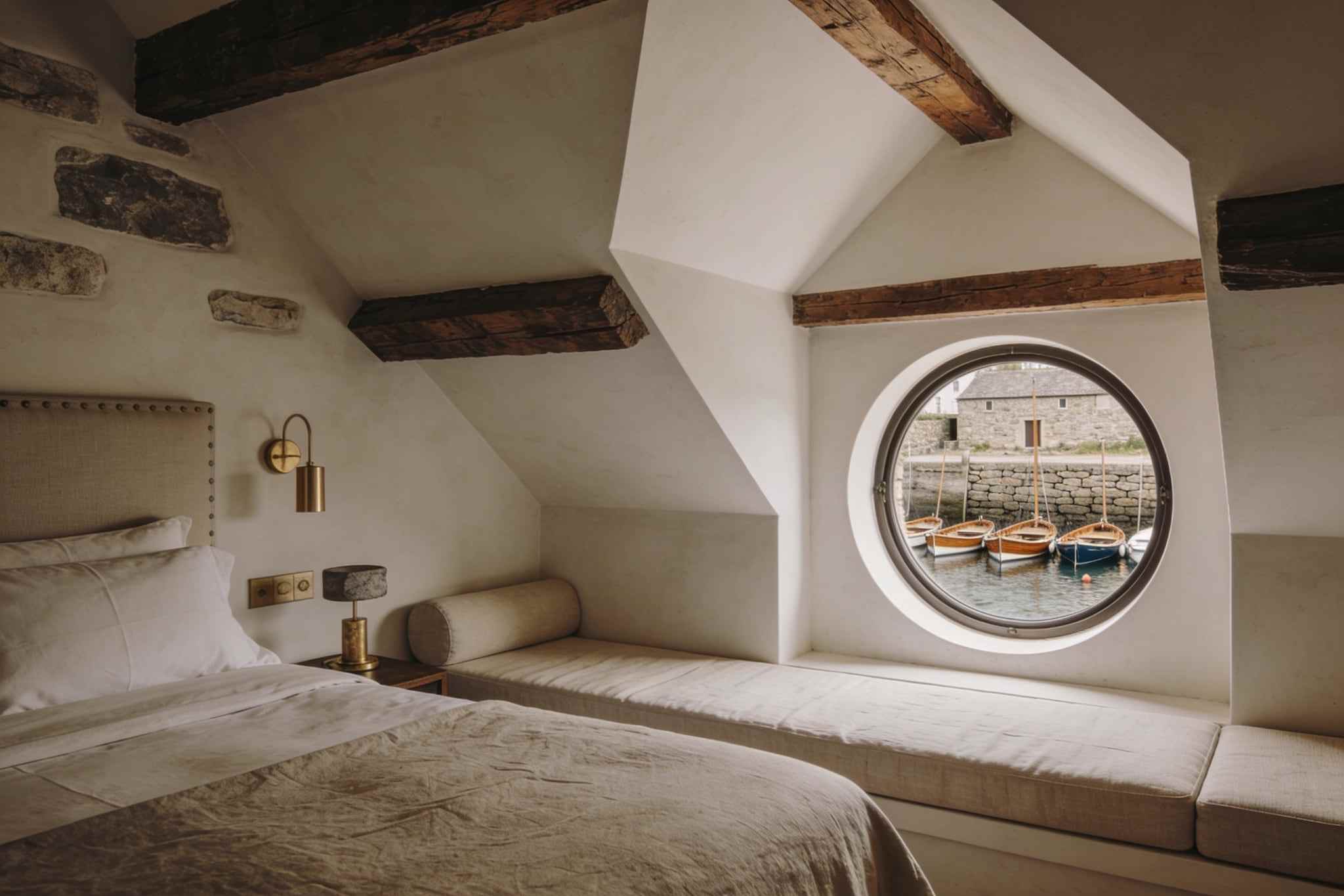 An attic room under whitewashed slopes and oak beams, a bed and a long window seat beside a round window over a stone harbour with small boats