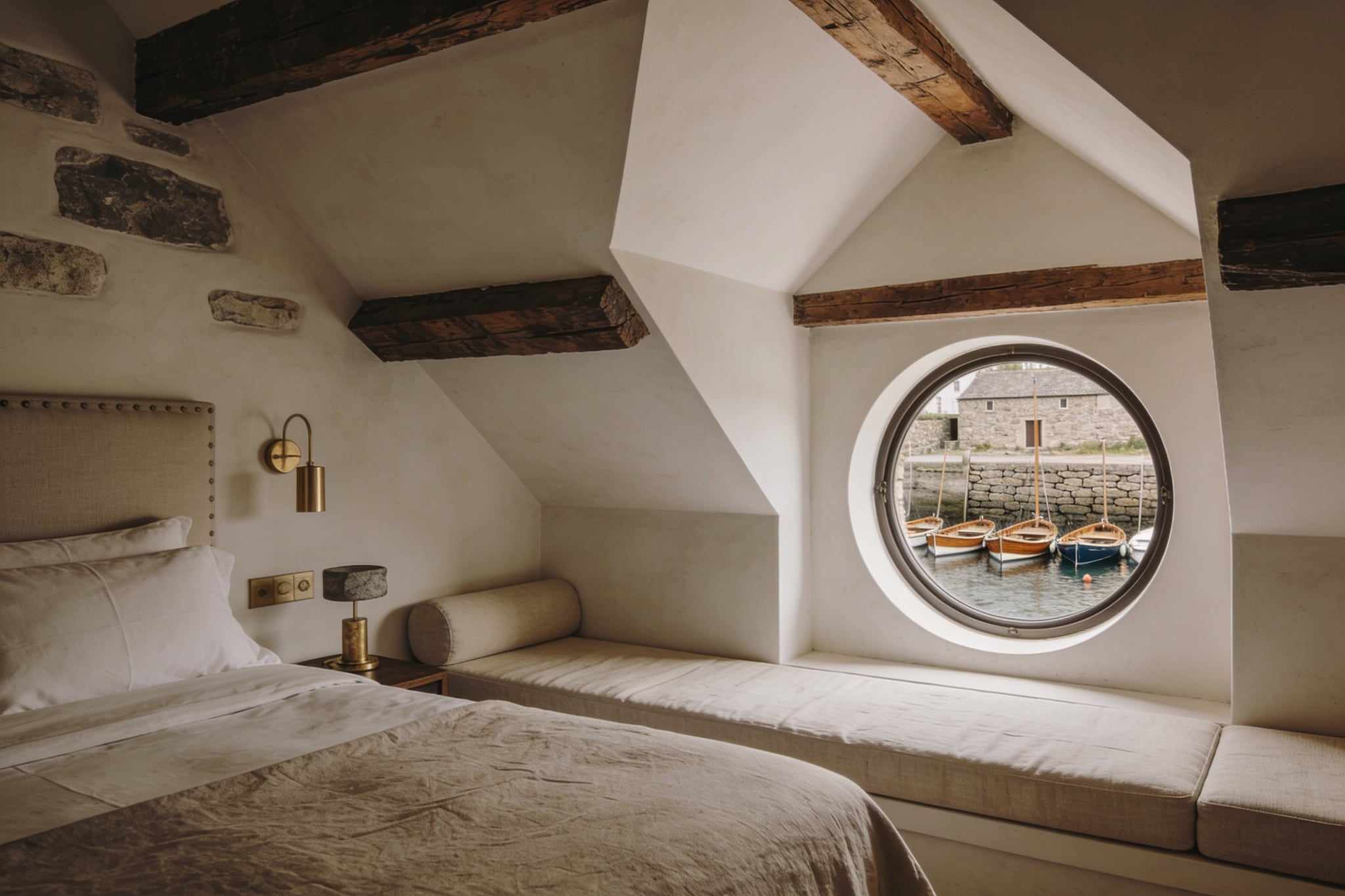 An attic room under whitewashed slopes and oak beams, a bed and a long window seat beside a round window over a stone harbour with small boats