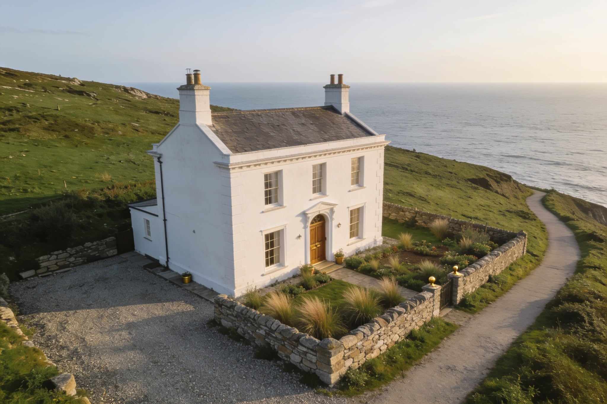 A white Victorian house alone on a green clifftop above the sea, a walled garden and a gravel drive, the coast path running past