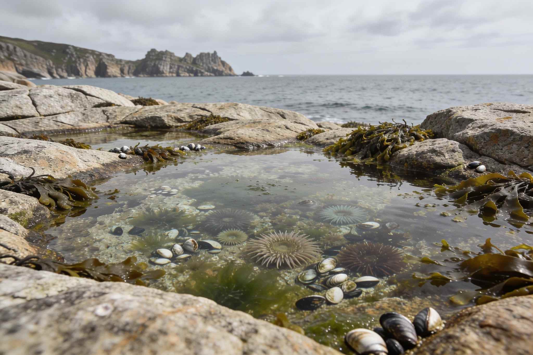 A clear rock pool on a granite shore at low tide, with anemones, limpets and weed, the sea and cliffs behind