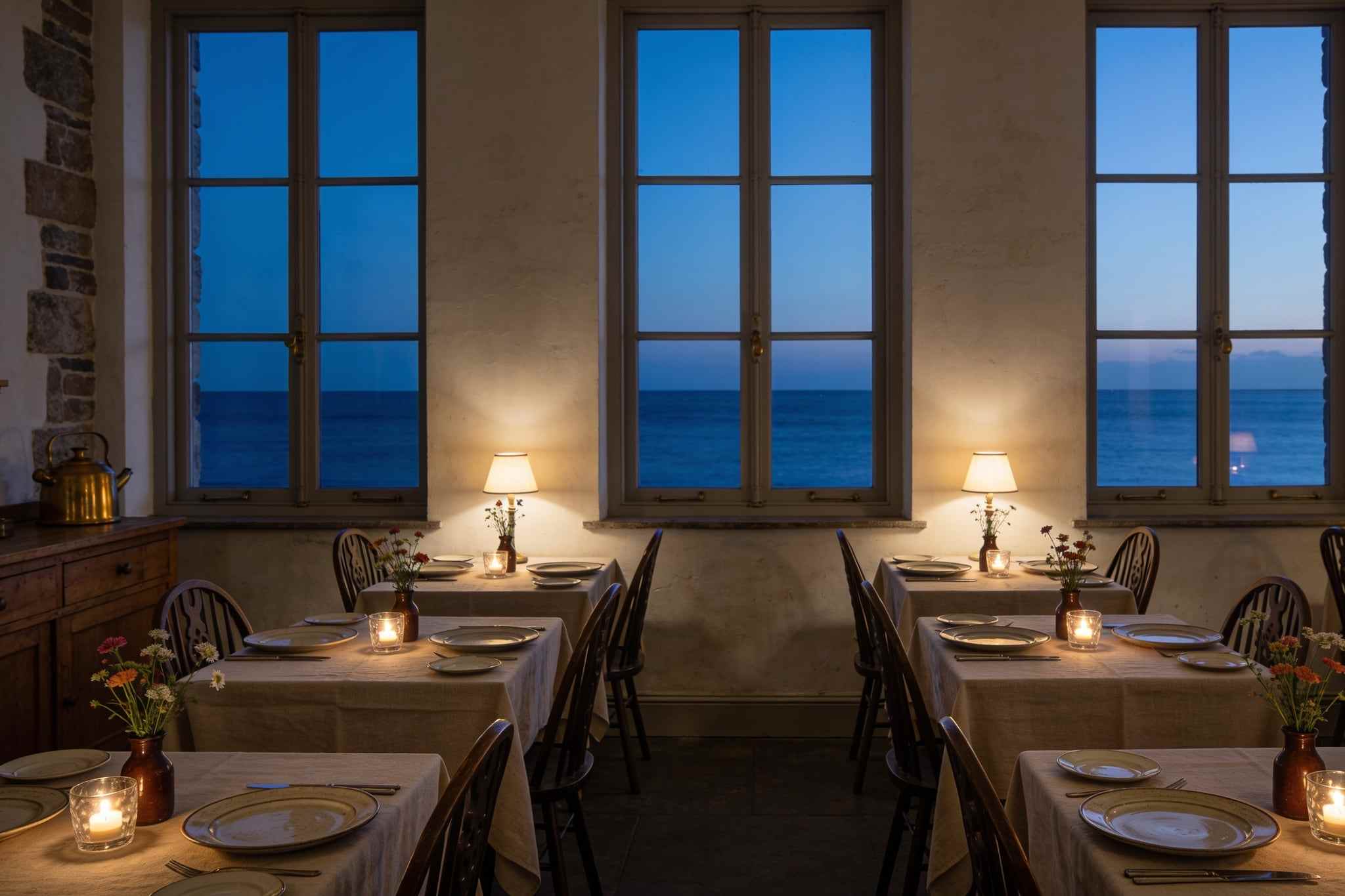 A small restaurant at dusk before service, tables laid with linen and lit candles, tall windows onto a deep blue sea