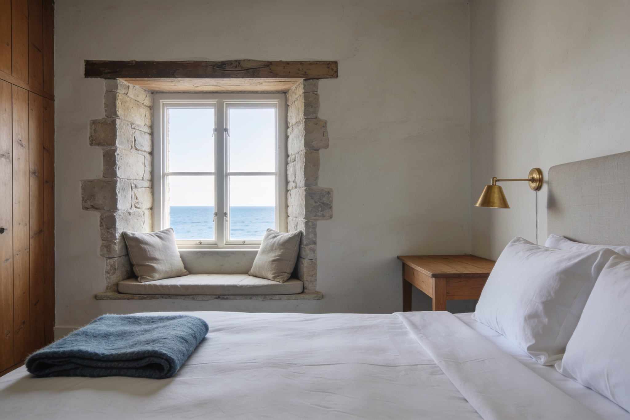 A calm bedroom with a king-size bed in white linen, a blue wool throw and a stone window seat looking out to sea