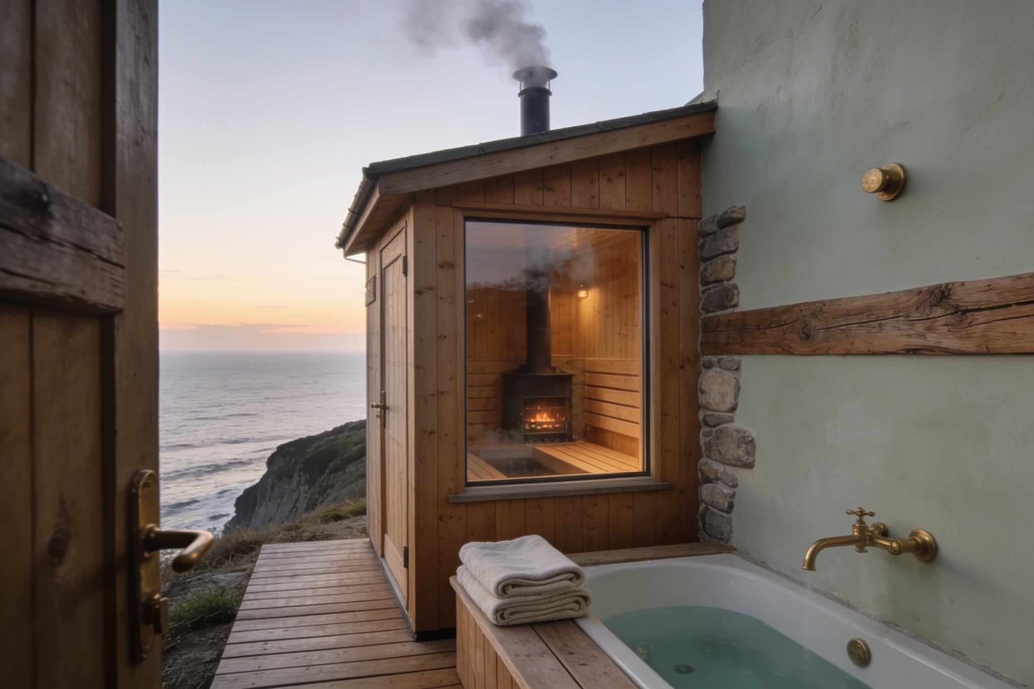 A small cedar sauna with a big window on a clifftop at dawn, steam rising from its chimney, towels and a cold tub on the deck