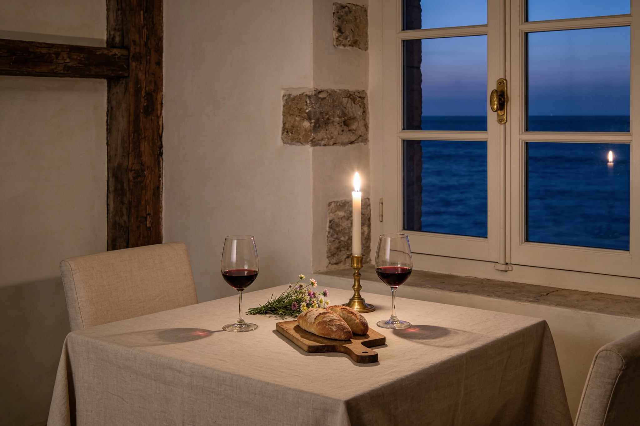 A candlelit table for two by a window over the sea at dusk, two glasses of red wine and bread on a board