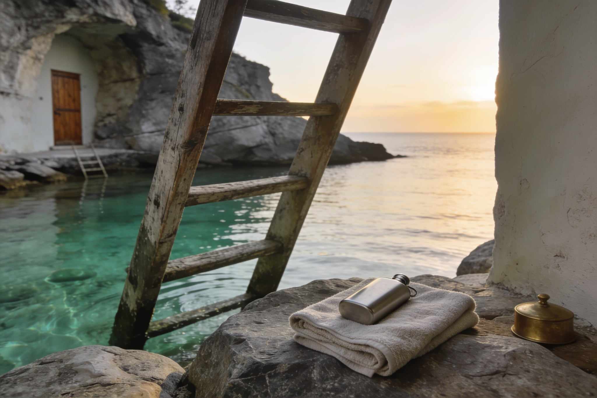 A sheltered cove at sunrise, clear green water, granite rocks and a weathered ladder into the sea, a towel and a flask on a rock