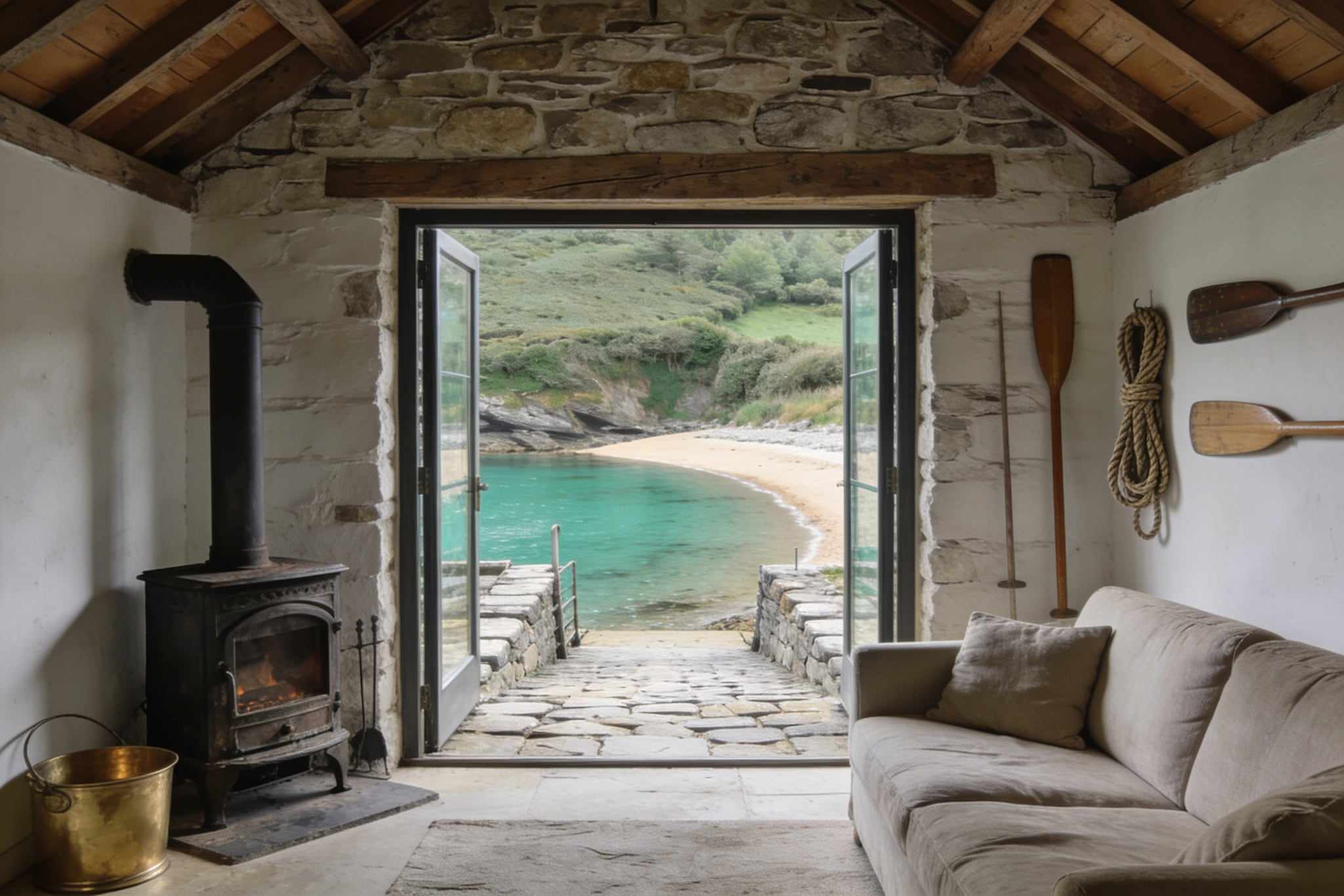 A whitewashed stone cottage room with a wood stove, a linen sofa, oars on the wall and glass doors open onto a slipway and a turquoise cove