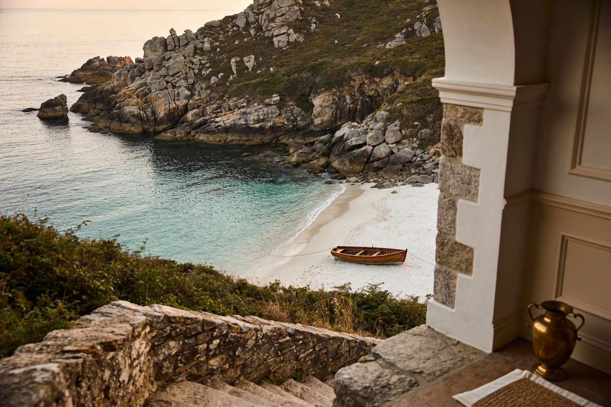 A hidden cove of white sand and turquoise water seen from the cliff path above, a small wooden boat pulled up on the beach