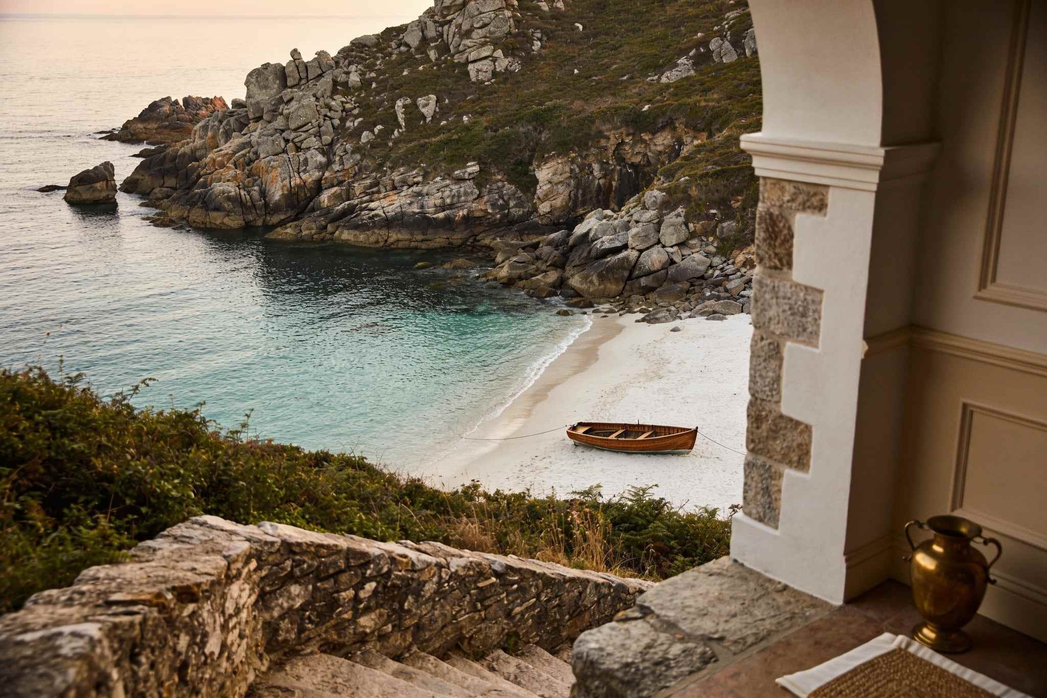 A hidden cove of white sand and turquoise water seen from the cliff path above, a small wooden boat pulled up on the beach