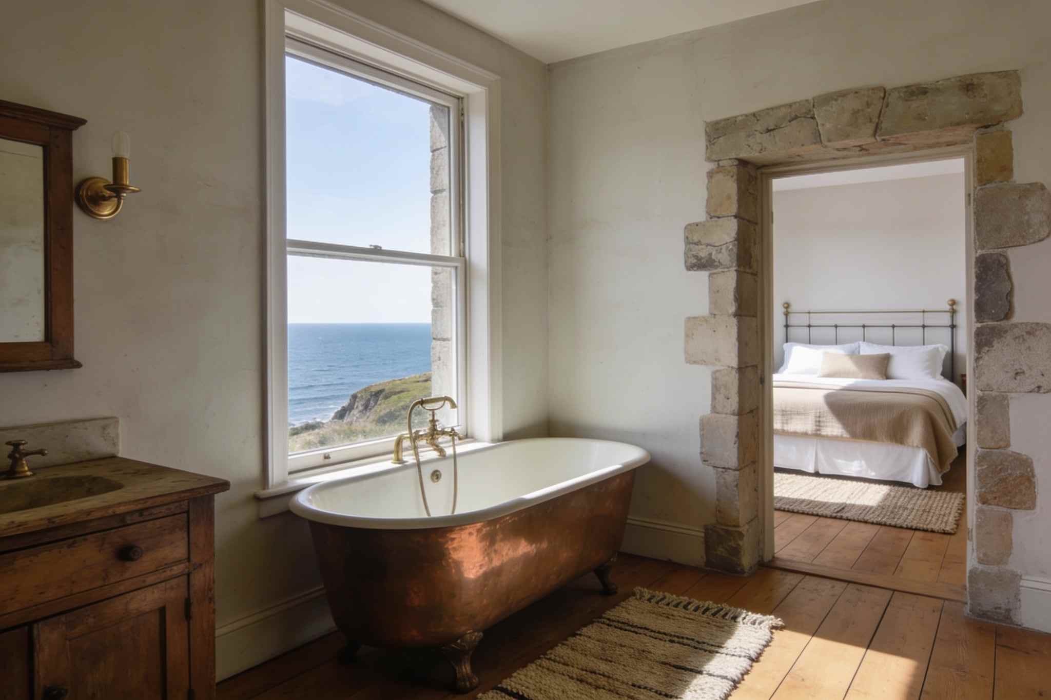 A copper roll-top bath in front of a tall sash window over the sea, a bed made with white linen in the room beyond