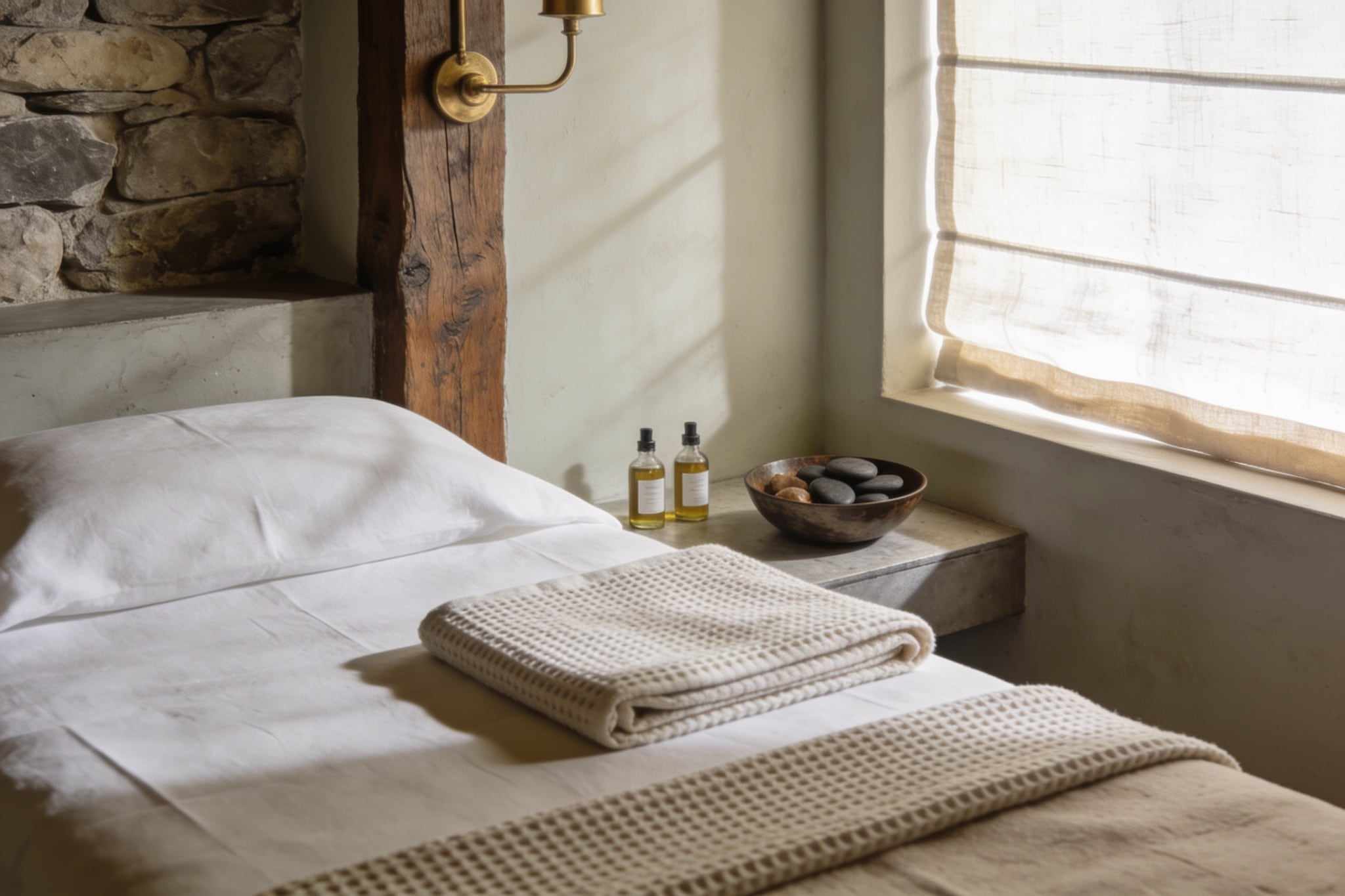 A calm treatment room with a bed made in white linen, a waffle blanket, small bottles of oil and a bowl of warm stones by a glowing linen blind