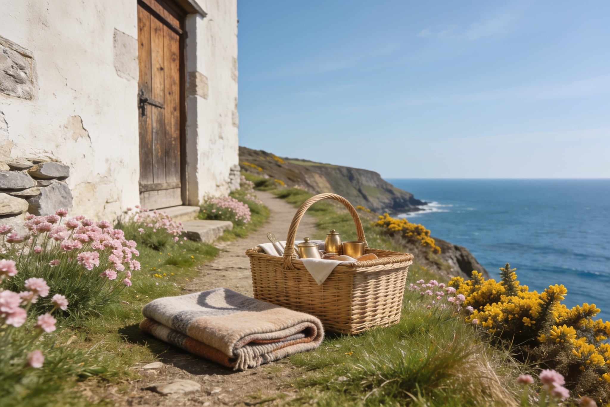 A wicker picnic basket and a folded wool rug on the grass of a clifftop path among sea pinks and gorse, the blue sea beyond