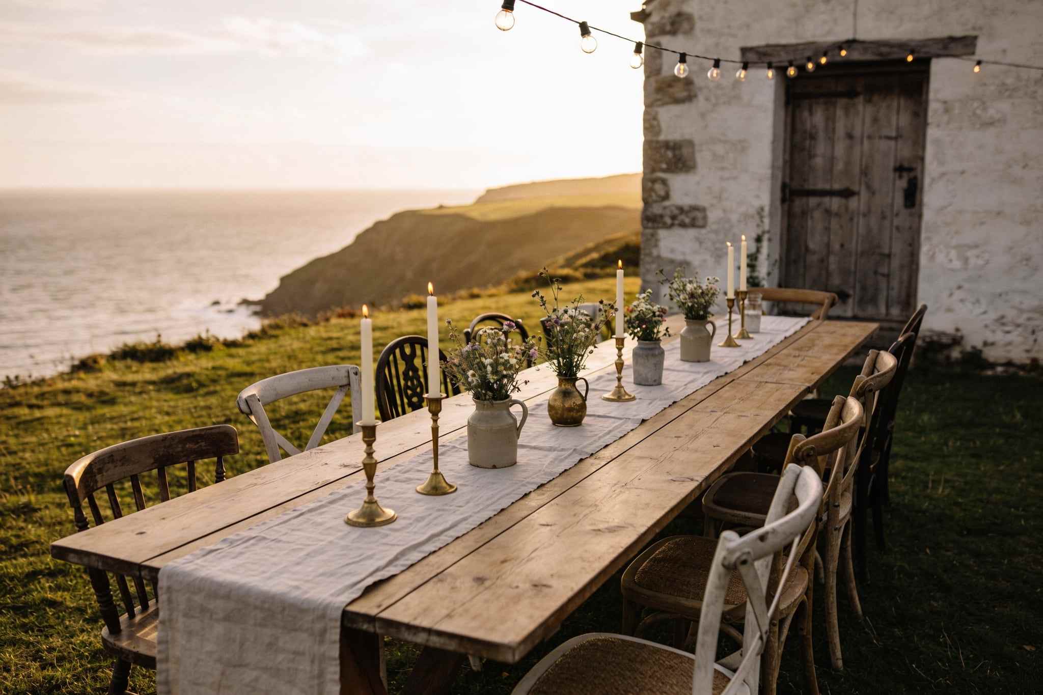 A long wooden table set for a wedding dinner on a clifftop lawn at golden hour, candles and wildflowers in jugs, festoon lights strung above