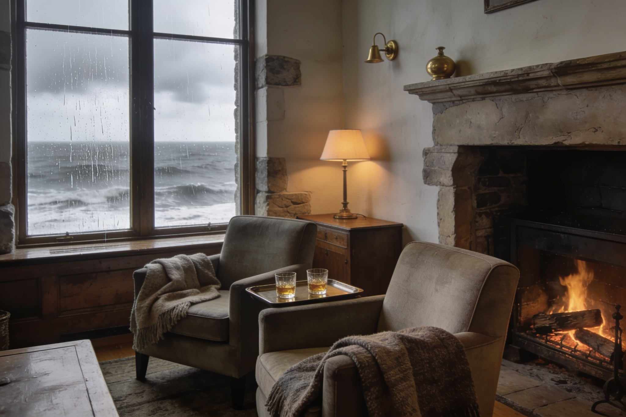 A lounge in winter, a log fire, two armchairs with wool blankets and two glasses of whisky, rain on the window and a grey sea beyond